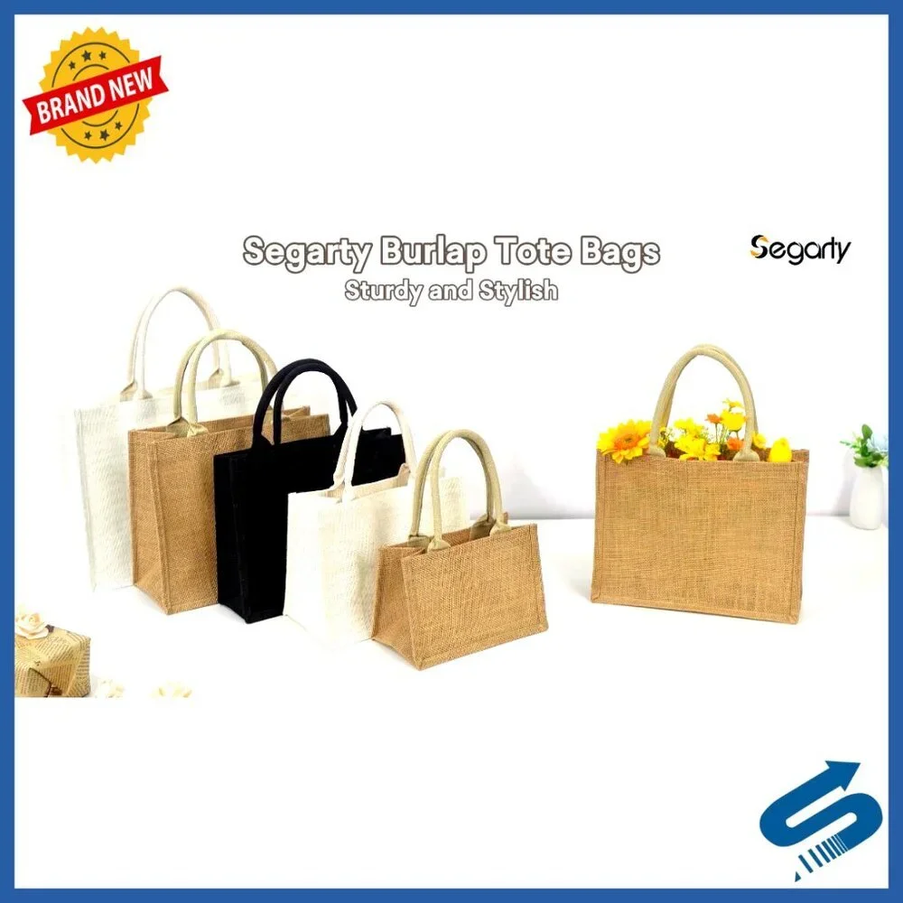 Natural Jute Canvas Tote Bags 6 Pack Reusable Eco-Friendly Grocery Shopping